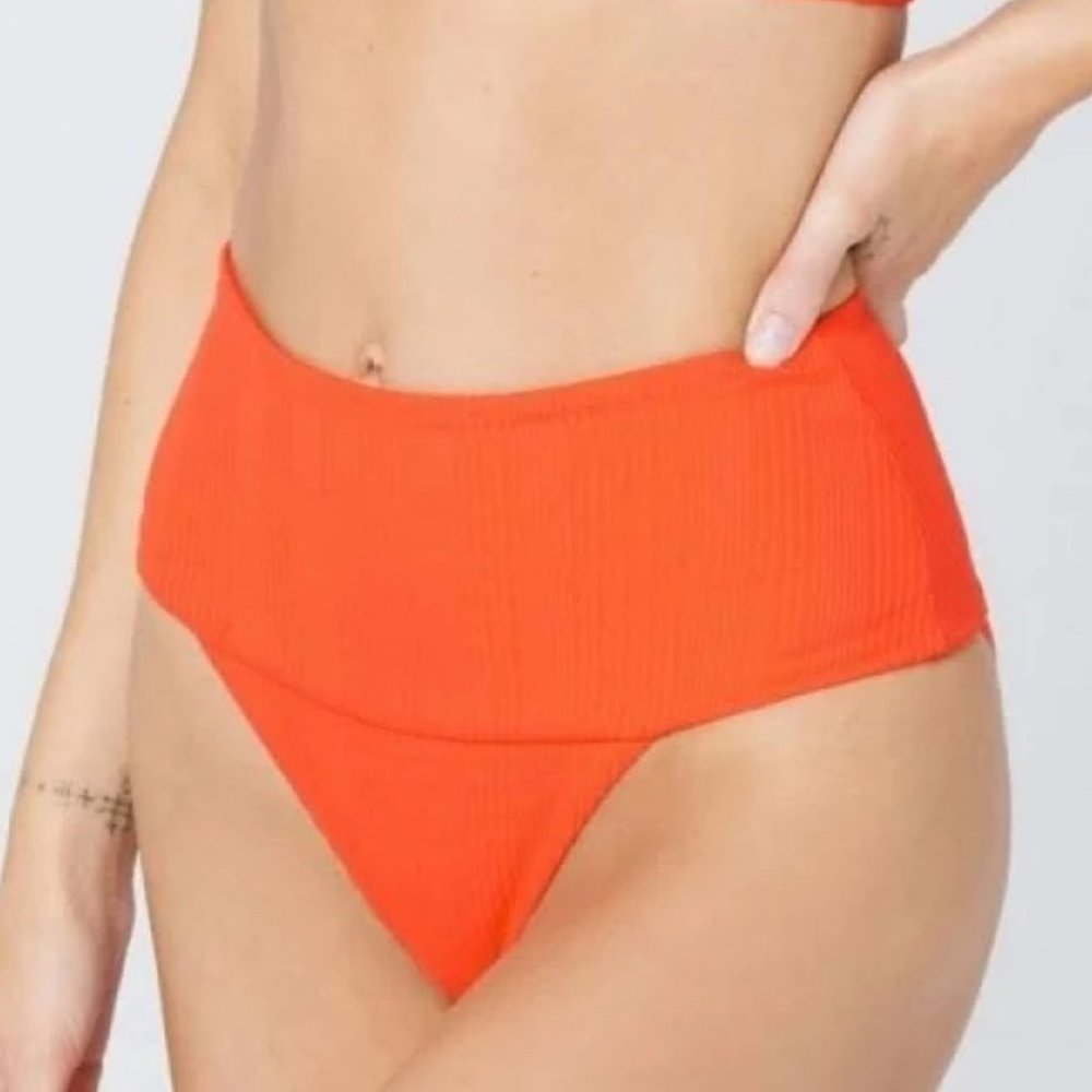 l*space Orange High‎ Waisted Pointelle Ribbed Desi Bikini Bottom XS